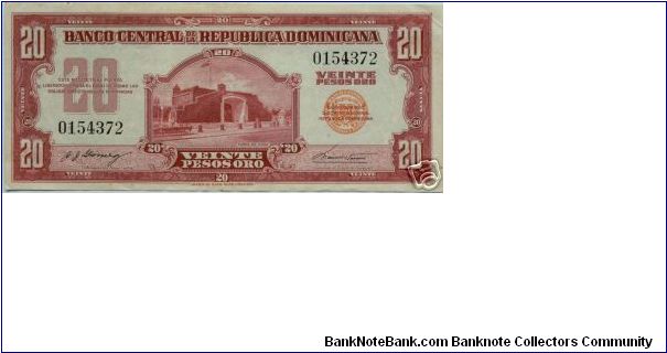 1962 ==> 20.00 Pesos Banco Central ==> Family: 2nd ==> Printer: ABNC ==> Signatures: Lic. José J. Gómez and Ing. Manuel E. Tavárez Espaillat ==> Denominations: 1962 (1, 5, 10, 20, 50, 100, 500, 1000) ==> Note: First post Trujillo emision. Also known as “El peso rojo” (the red peso) Dominincan non-dated (1962). First regular issue after the assasination of Rafael Leonidas Trujillo ending his thirty years of tyranny. ==> by: clubnumismatico.com Banknote