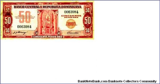 1962 ==> 50.00 Pesos Banco Central ==> Family: 2nd ==> Printer: ABNC ==> Signatures: Lic. José J. Gómez and Ing. Manuel E. Tavárez Espaillat ==> Denominations: 1962 (1, 5, 10, 20, 50, 100, 500, 1000) ==> Note: First post Trujillo emision. Also known as “El peso rojo” (the red peso) Dominincan non-dated (1962). First regular issue after the assasination of Rafael Leonidas Trujillo ending his thirty years of tyranny. ==> by: clubnumismatico.com Banknote