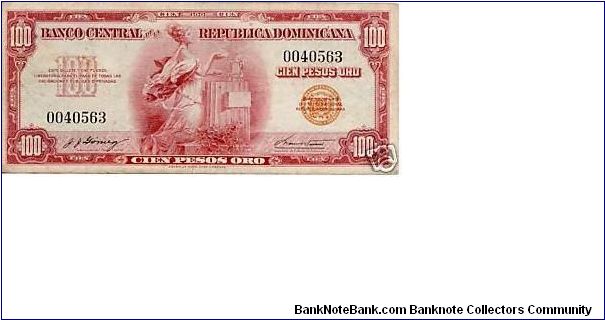 1962 ==> 100.00 Pesos Banco Central ==> Family: 2nd ==> Printer: ABNC ==> Signatures: Lic. José J. Gómez and Ing. Manuel E. Tavárez Espaillat ==> Denominations: 1962 (1, 5, 10, 20, 50, 100, 500, 1000) ==> Note: First post Trujillo emision. Also known as “El peso rojo” (the red peso) Dominincan non-dated (1962). First regular issue after the assasination of Rafael Leonidas Trujillo ending his thirty years of tyranny. ==> by: clubnumismatico.com Banknote