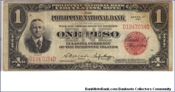 PI-56 RARE Philippine National Bank 1 Peso note with conant pictured at lefe. Banknote