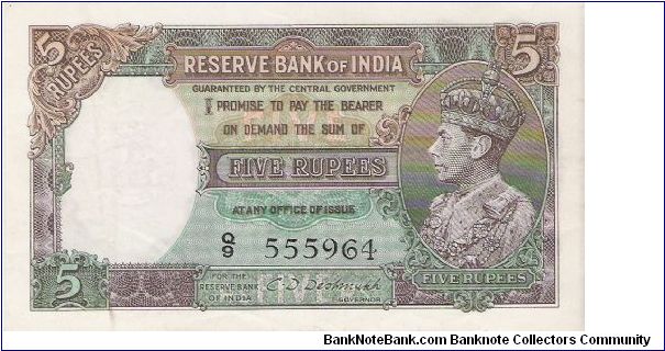 Rupees 5 British India Banknote, King George VIth, Signature-C.D.Deshmukh Banknote