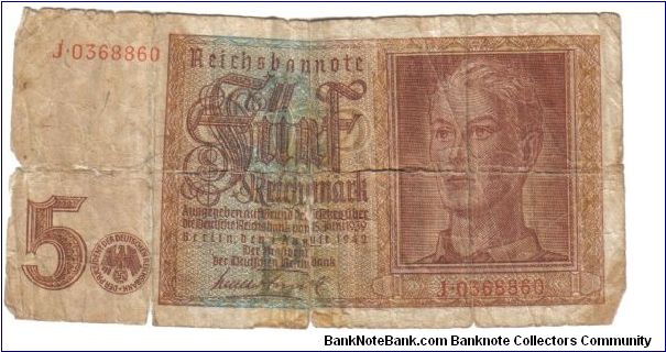 Germany, 5 Reichsmark, 1st August 1942 Banknote