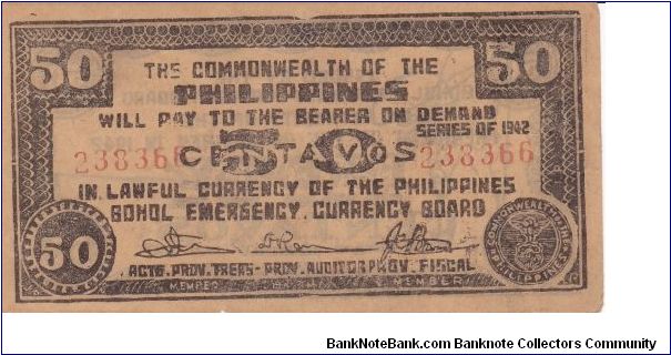 Emergency & Guerrilla Currency

Bohol: 50 Centavos (Official issue) Banknote