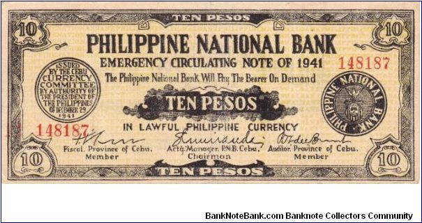 Emergency & Guerrilla Currency

Cebu: 10 Pesos (Official Emergency note issue) Banknote