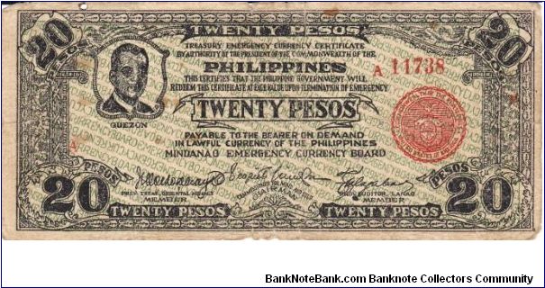 Emergency & Guerrilla Currency

Mindanao: 20 Pesos
(Emergency Certificate issue) Banknote