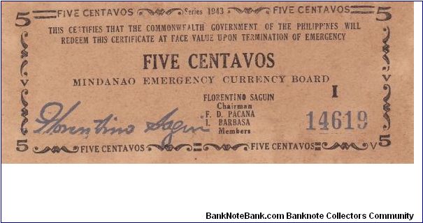 Emergency & Guerrilla Currency

Mindanao: 5 Centavos (First Treasury Emergency Certificate) Banknote