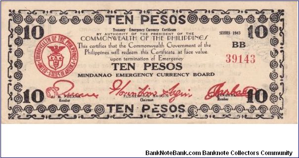 Emergency & Guerrilla Currency

Mindanao: 10 Pesos (Series BB, 2nd Treasury Emergency Certificate issue) Banknote