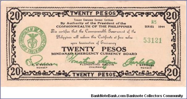 Emergency & Guerrilla Currency

Mindanao: 20 Pesos (Series R5, Treasury Emergency Certificate issue) Banknote