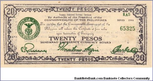 Emergency & Guerrilla Currency

Mindanao: 20 Pesos (Series RA5, Treasury Emergency Certificate issue) Banknote