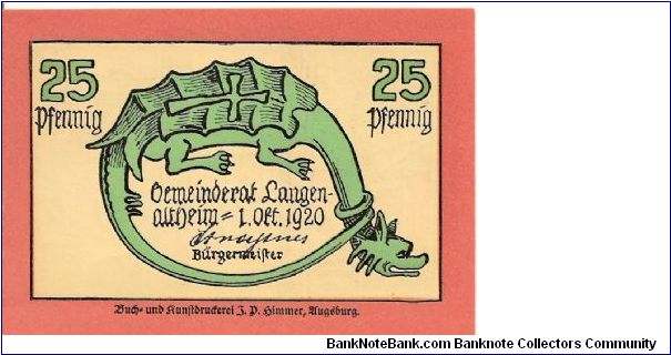 Notgeld (Langenaltheim); 25 pfenig; October 1, 1920

Part of the Dragon Collection! Banknote
