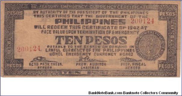 Emergency & Guerrilla Currency

Bohol: 10 Pesos (Official Issue) Banknote