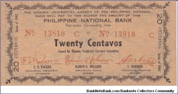 Emergency & Guerrilla Currency

Misamis Occidental: 20 Centavos (2nd Emergency Note issue) Banknote