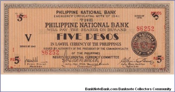 Emergency & Guerrilla Currency

Negros Occidental: 5 Pesos (2nd Emergency Note issue) Banknote