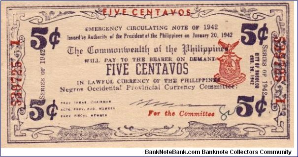 Emergency & Guerrilla Currency

Negros Occidental: 5 Centavos (Emergency Note issue) Banknote