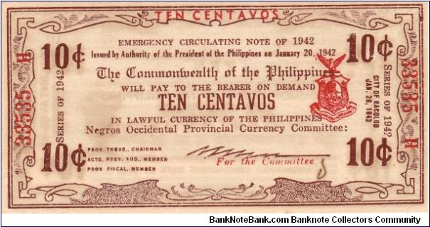 Emergency & Guerrilla Currency

Negros Occidental: 10 Centavos Encarnacion signature (Emergency Note issue) Banknote