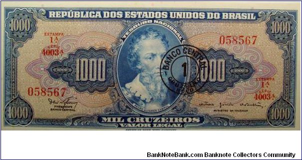 1 Cruzeiros Overprint on 1000 Cruzeiros Note Banknote