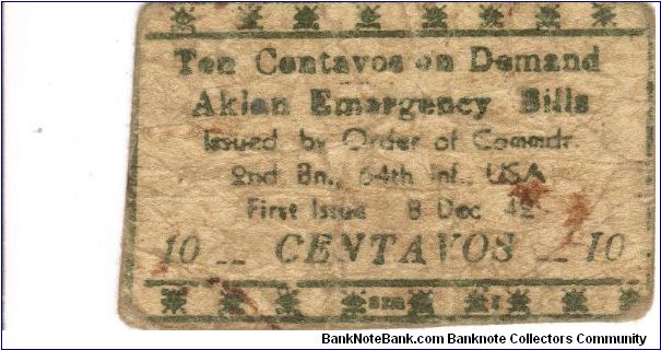 Very RARE Aklan Philippines 10 Centavos note. Banknote