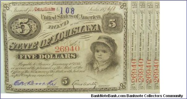 Louisiana 5 Dollar
Interest Bearing
Note Banknote