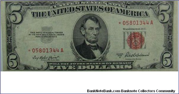 $5 United States Note  1953A
Priest/Anderson Star Note Banknote