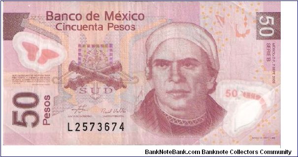 50 pesos; September 7, 2005; Series B

Polymer note. Banknote
