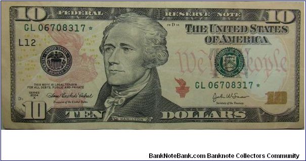 $10 Federal Reserve Note
Cabral/Snow
Star Note Banknote