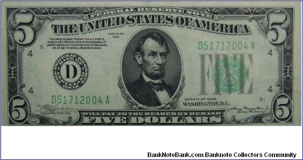 1934 $5 Federal Reserve Note
Julian/Morganthau Banknote