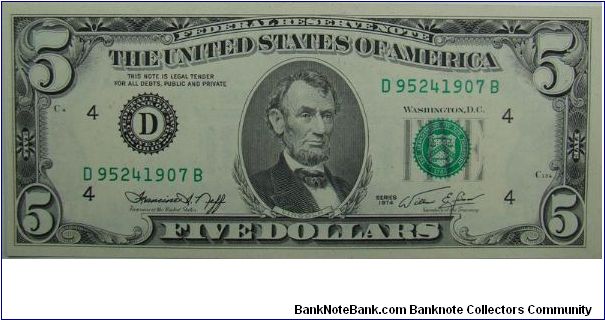 1974 $5 Federal Reserve Note
Neff/Simon Banknote