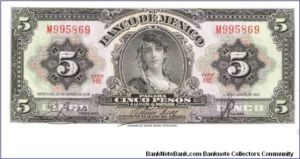 5 pesos; August 20, 1958; Series HE Banknote