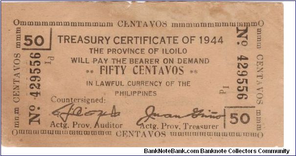 S-335 Iloilo 50 Centavo Treasury Certificate. Banknote