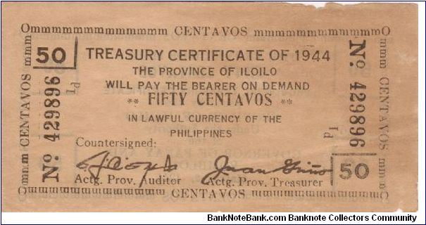 S-335 Iloilo 50 Centavo Treasury Certificate. Banknote