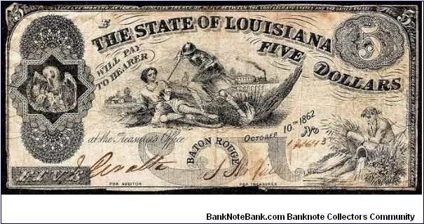 1862 Baton Rouge, Louisiana $5 State of Louisiana (Lazy 5) Obsolete Note, CR# 10. Banknote