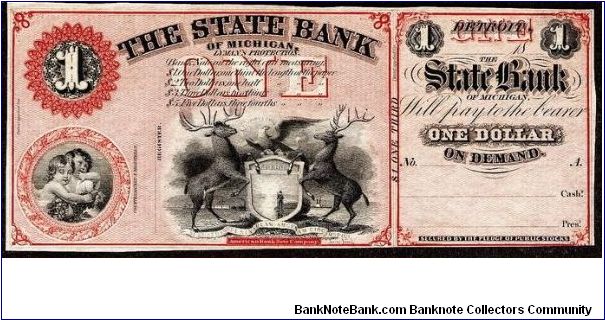 1859-1860's Detroit, Michigan $1 The State Bank of Michigan Obsolete Note, HAXBY: MI-160 G2a Banknote