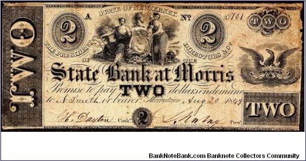1849 Morristown, New Jersey $2 The State Bank at Morris (1814-49) Obsolete Note. HAXBY: NJ-320 G26. Banknote