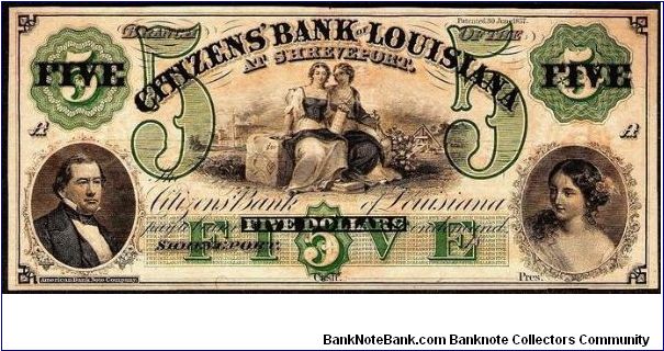 1860's Shreveport, Louisiana $5 Citizens' Bank of Louisiana Remainder Note. HAXBY: LA-15 G60a. Banknote