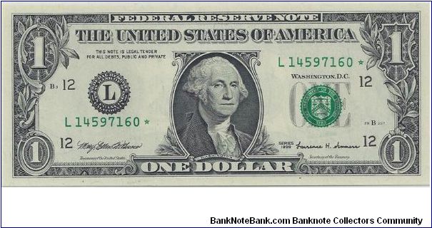 1999 $1 Federal Reserve Star Note Banknote