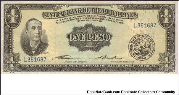 PI-133a Rare English Series 1 Peso note with Signature group 1 and GENUINE underprint, Prefix L. Banknote