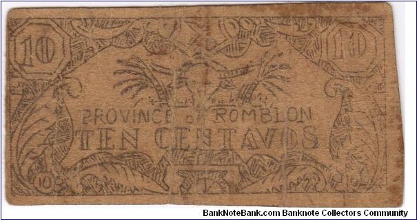 ROM-102 Extremely RARE Romblon Province Philippines 10 Centavos note. Banknote