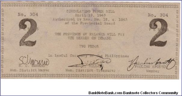 Counterfeit Province of Palawan 2 Pesos note. Banknote