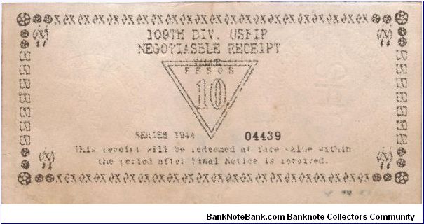 Counterfeit U.S., Philippine 109th Division WW2 Guerilla 10 Pesos note. Banknote