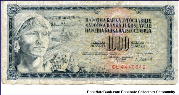 Socialist Federal Republic of Yugoslavia
1000d
Farm girl & Farming
Value Banknote