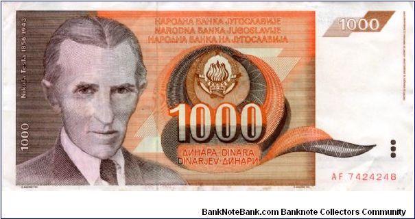 Socialist Federal Republic of Yugoslavia
1000d
Nikola Tesla 1856-1943
Tesla coil Banknote