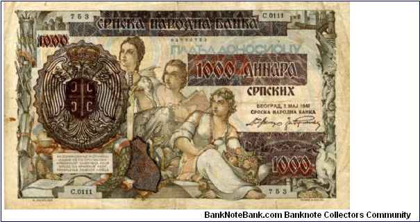 1000 Dinara Srpskih
Srpska Narodna Banka
01.05.1941
Allegorical women on both sides Banknote