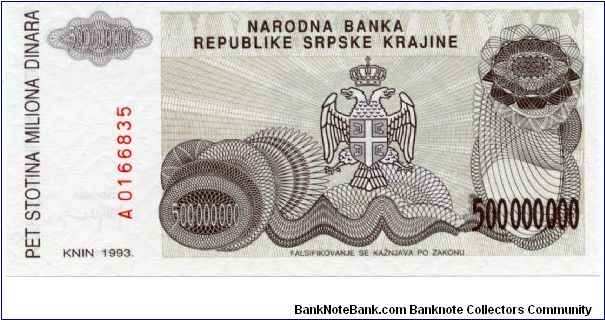 Republic of Serbian Krajina
50,000,000 Dinara
Brown/Gray/Olive
Knin fortress on hill
Serbian coat of arms
Wtmk Greek design Banknote