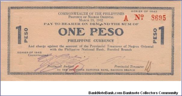 S-654a Commonwealth of the Philippines Negros Oriental 1 peso note with blue ink. Banknote