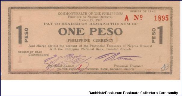S-654b Commonwealth of the Philippines, Negros Oriental, 1 Peso note with grey ink. Banknote