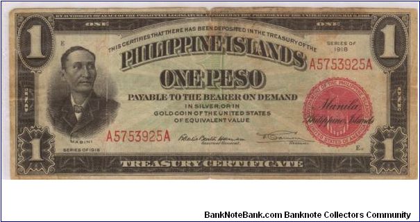 PI-60b RARE Philippine Islands one Peso note with rare signature group. Banknote