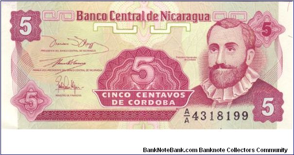 5 Centavos;
P-168;
Front: F. H. de Cordoba;
Back: Arms, flower Banknote