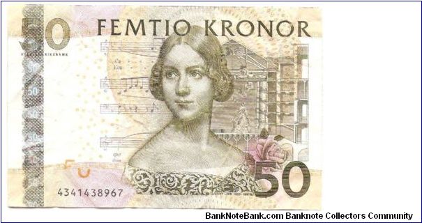 50 Kronor.

Jenny Lind  at center, music lines at left, stage at right; violin, treble clef with line of notes, abstract musical design on back.

Pick #62b Banknote