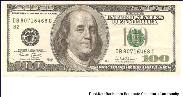 100 Dollars.

Series B-2 (New York)

Portrait Benjamin Franklin at center, green value at lower left on face; Independence Hall at center back.

Pick #519a Banknote