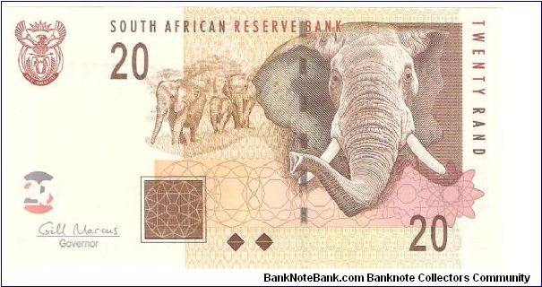20 Rand.

Coat of arms at top left, elephants at center, large elephant head at right on face; open pit mining at left center on back.

Pick #129 Banknote